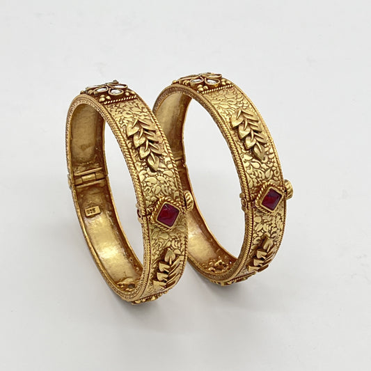 Royal Gold-Plated Floral Silver Bangle Set (Pair) – 92.5 Sterling Silver | Jugni