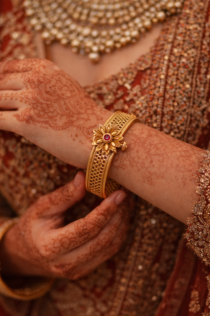 Gold-Plated Floral Openable Silver Bangle – 92.5 Sterling Silver | Jugni