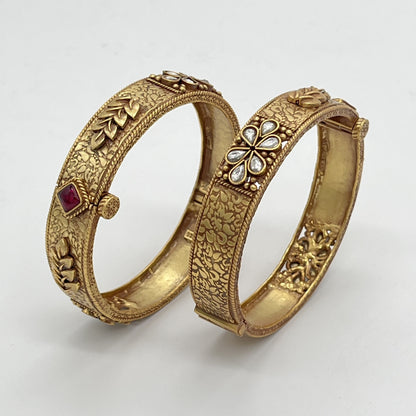 Royal Gold-Plated Floral Silver Bangle Set (Pair) – 92.5 Sterling Silver | Jugni